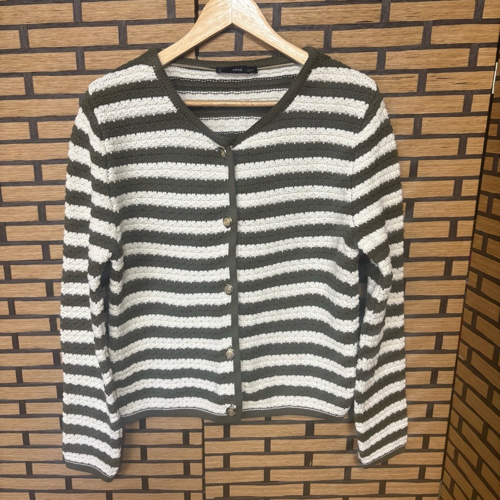 Mango Olive Green and White Striped Knit Cardigan